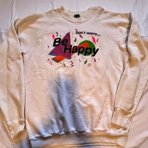 Screen Stars XL Sweatshirt White Good 80s Dont Worry Be Happy Graphic USA Neon